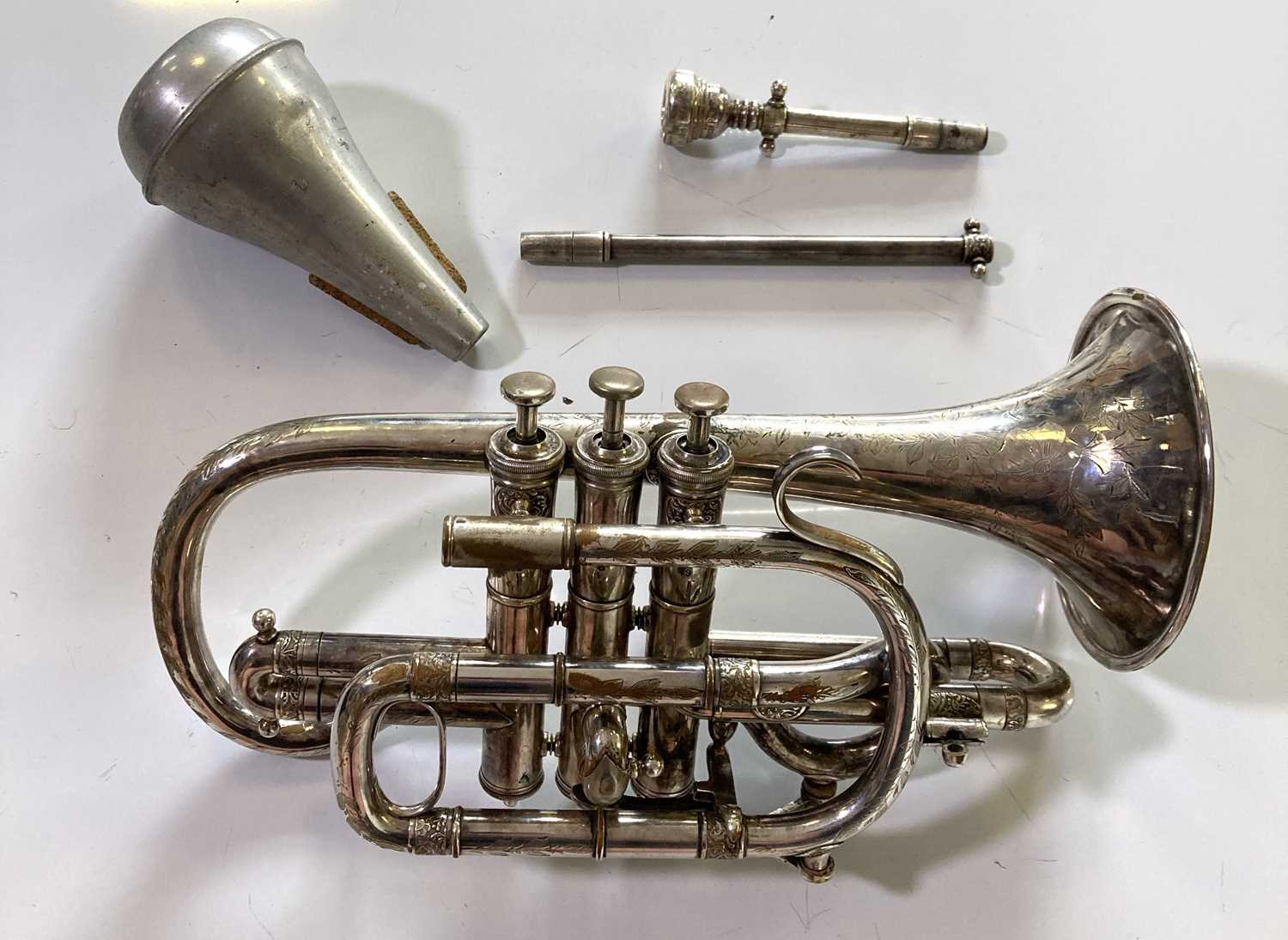 Lot 31 - ANTIQUE CORNET WITH RUDY MUCK MOUTHPIECE.