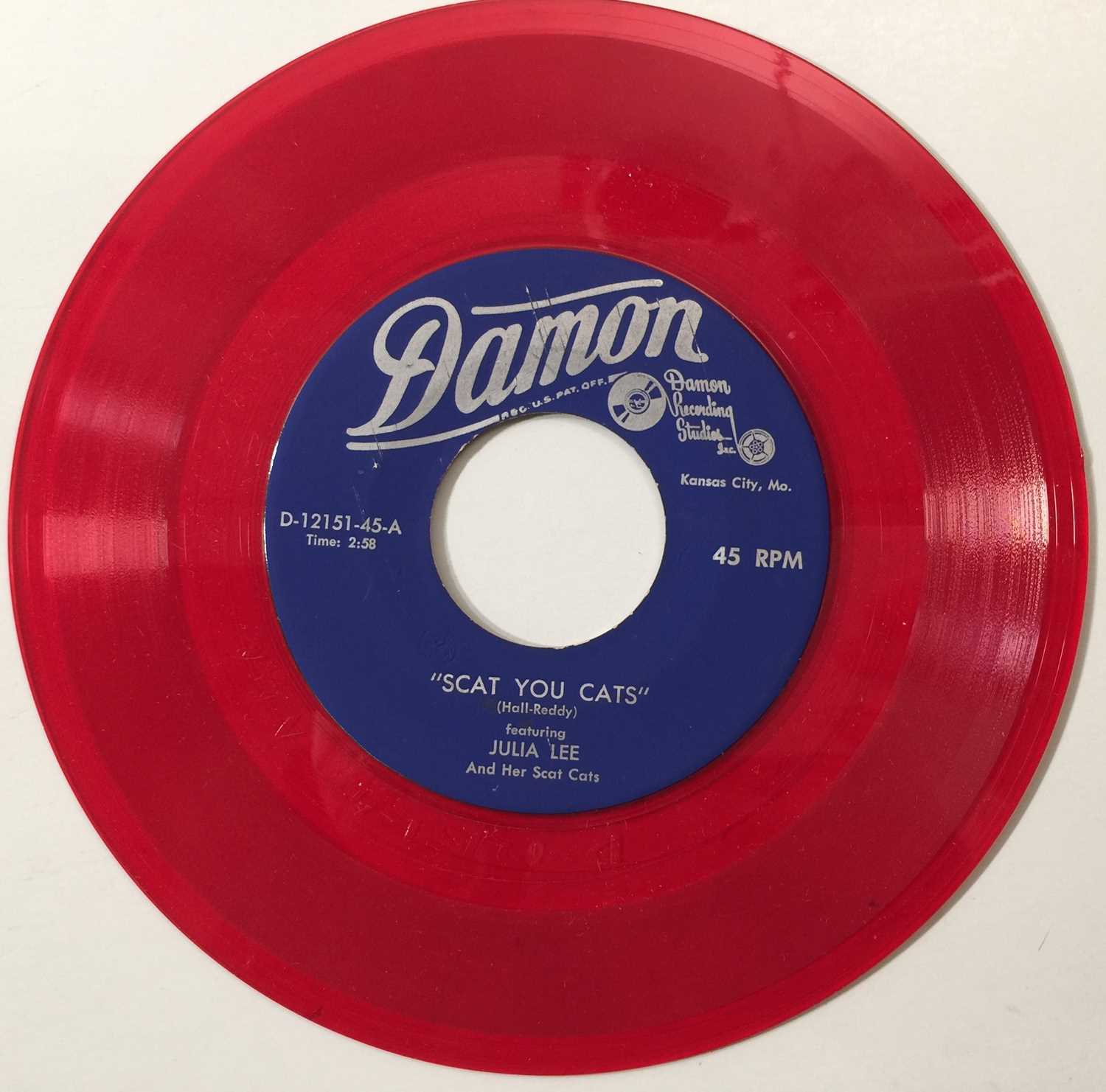 Lot 39 - JULIA LEE - SCAT YOUR CATS/ I CAN'T SEE HOW 7" (US SWING/ JUMP BLUES - RED VINYL - D-12151-45)