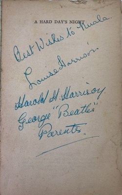 Lot 531 - HARD DAY'S NIGHT PAPERBACK BOOK SIGNED BY GEORGE HARRISON'S PARENTS.