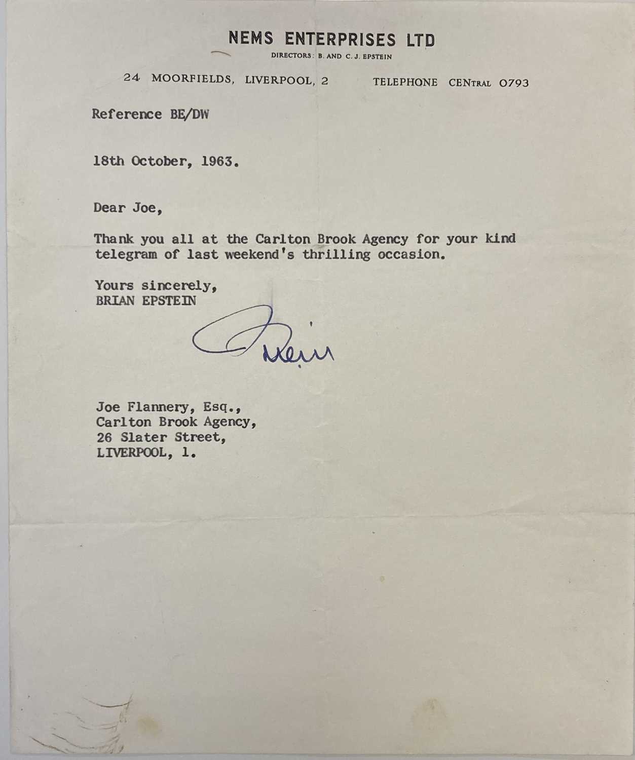 Lot 236 - BRIAN EPSTEIN SIGNED 1963 LETTER ON NEMS STATIONARY