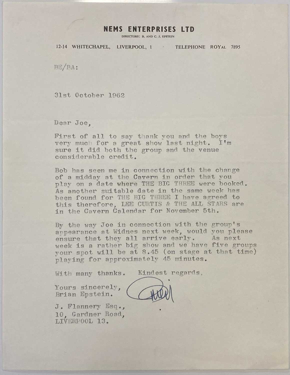 Lot 237 - BRIAN EPSTEIN SIGNED 1962 LETTER ON NEMS STATIONARY