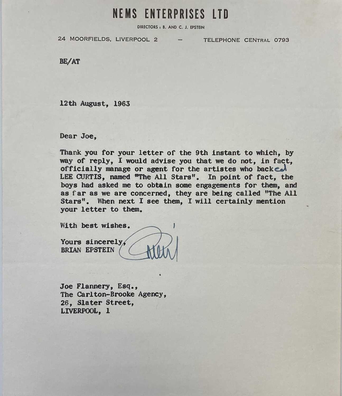 Lot 238 - BRIAN EPSTEIN SIGNED 1962 LETTER ON NEMS STATIONARY