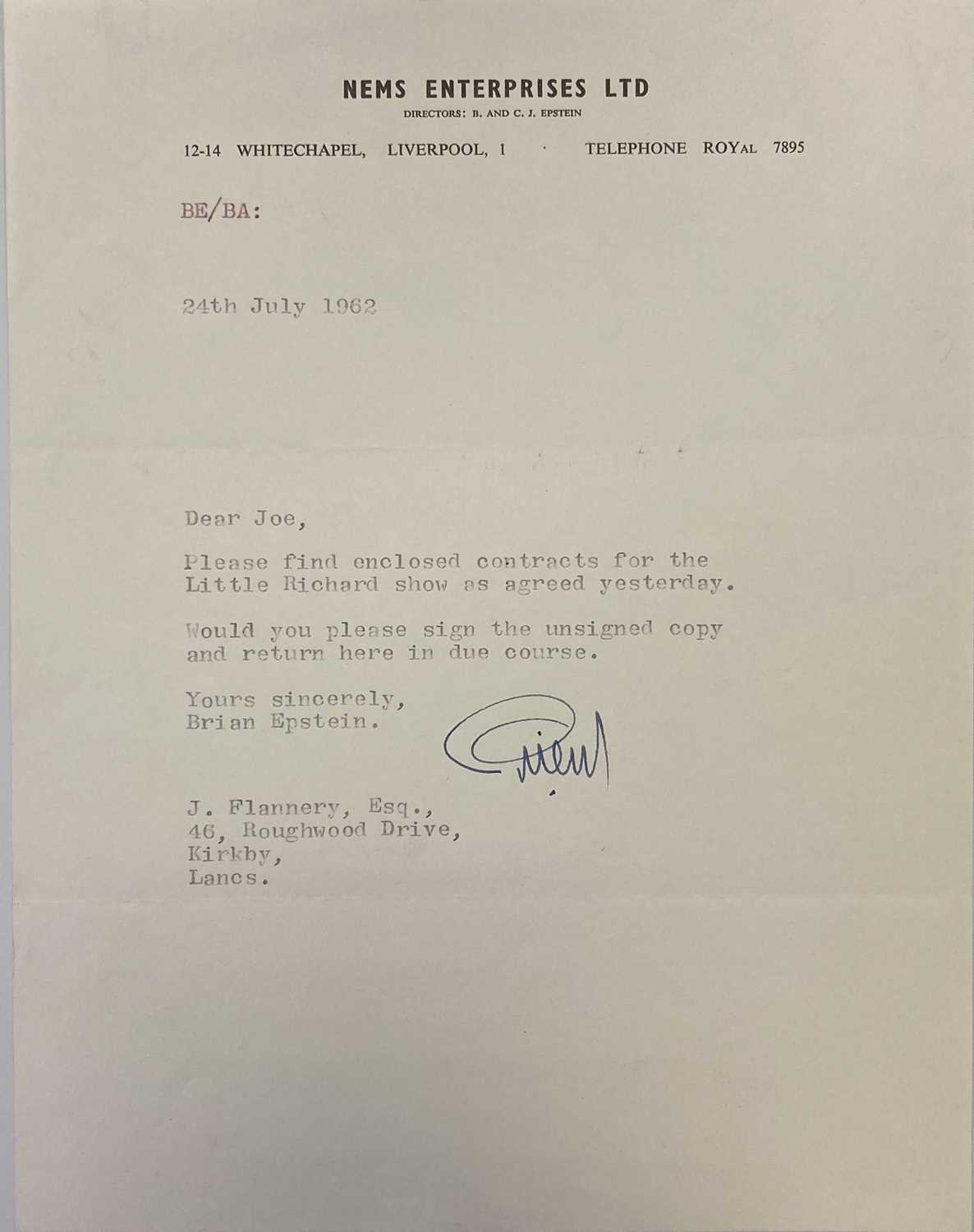 Lot 240 - BRIAN EPSTEIN SIGNED 1962 LETTER ON NEMS STATIONARY