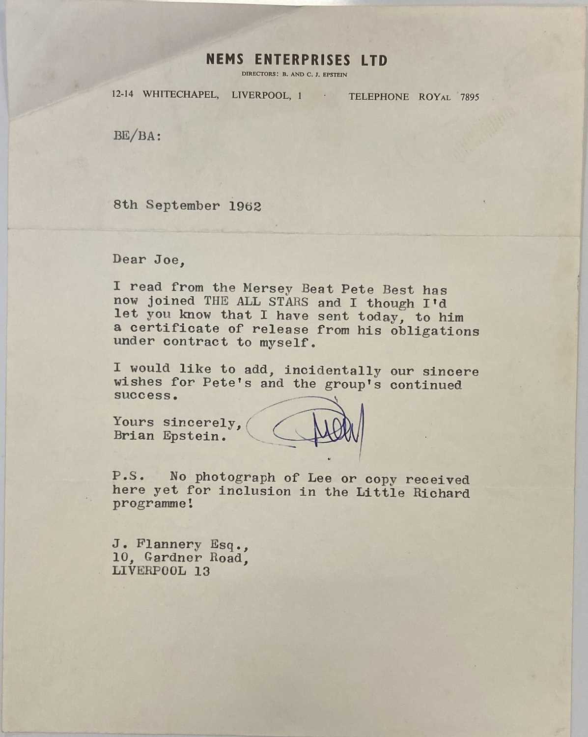 Lot 244 - BRIAN EPSTEIN LETTER REGARDING PETE BEST LEAVING THE BEATLES