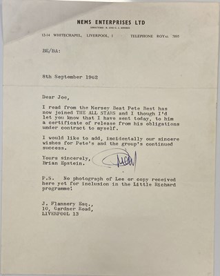 Lot 244 - BRIAN EPSTEIN LETTER REGARDING PETE BEST LEAVING THE BEATLES