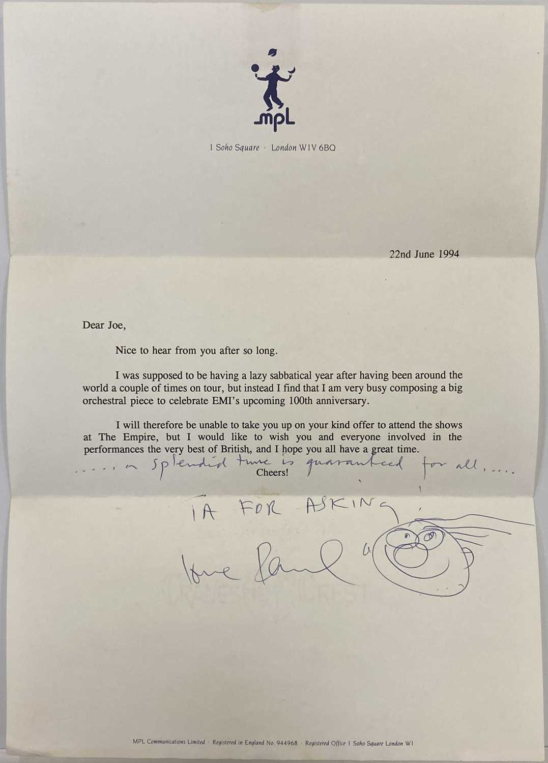 Lot 248 - PAUL MCCARTNEY SIGNED LETTER WITH DOODLE