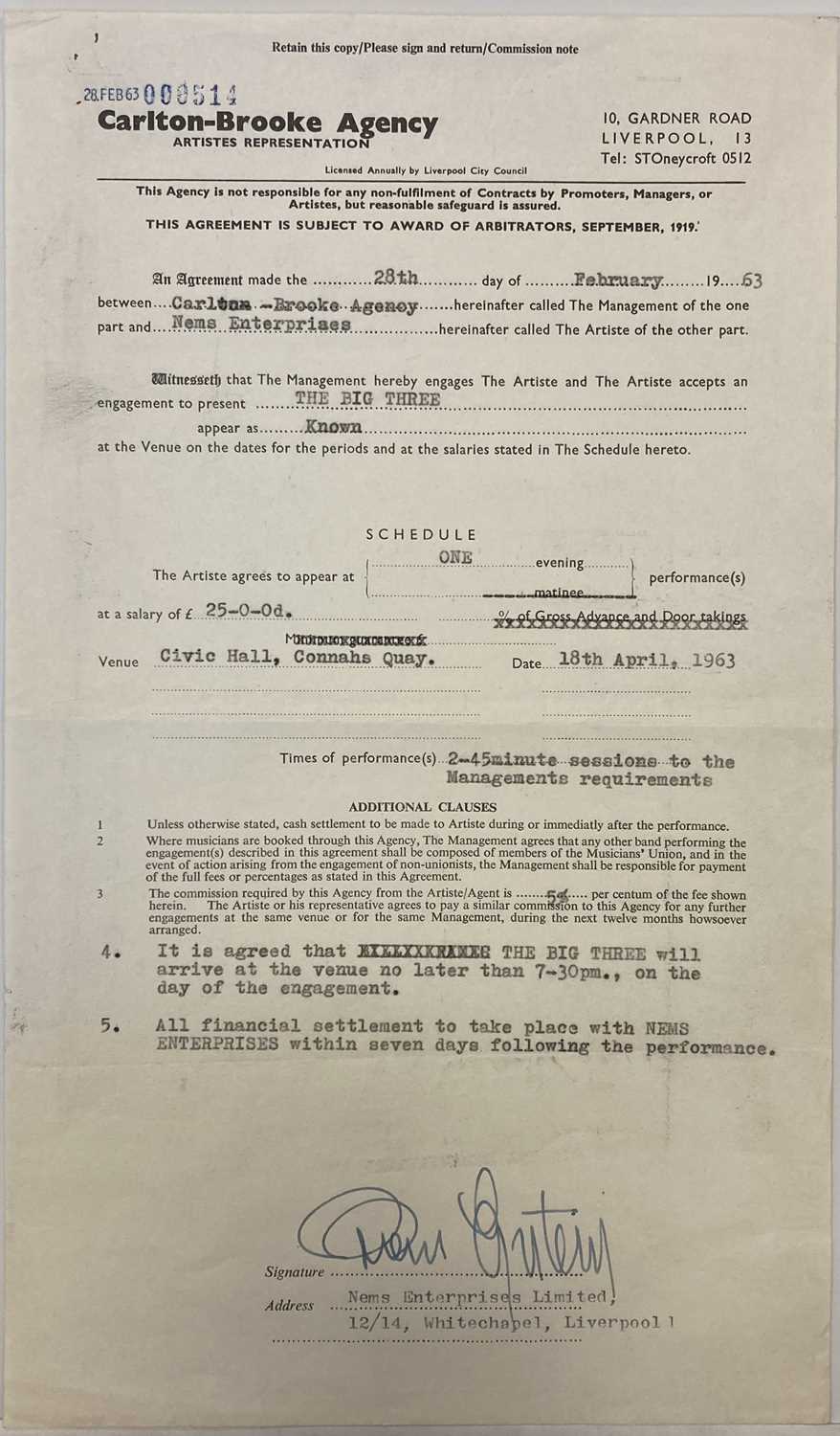 Lot 254 - BRIAN EPSTEIN SIGNED 1963 CONTRACT