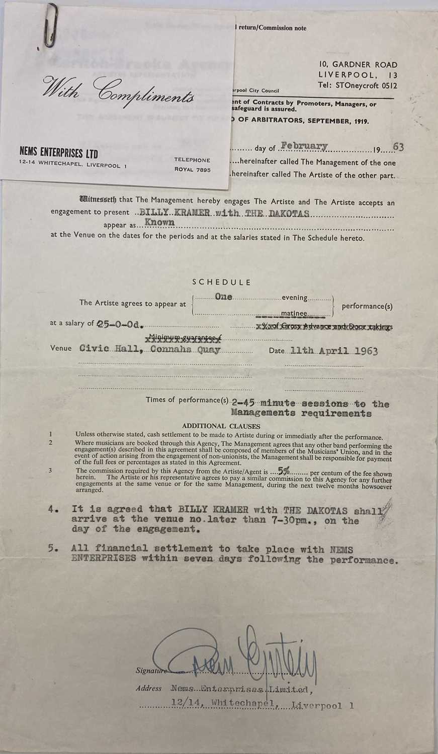 Lot 255 - BRIAN EPSTEIN SIGNED 1963 CONTRACT