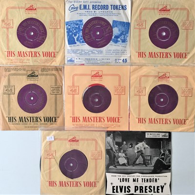 Lot 259 - ELVIS PRESLEY - UK 'PURPLE & GOLD TEXT HMV' 7" COLLECTION PLUS EP