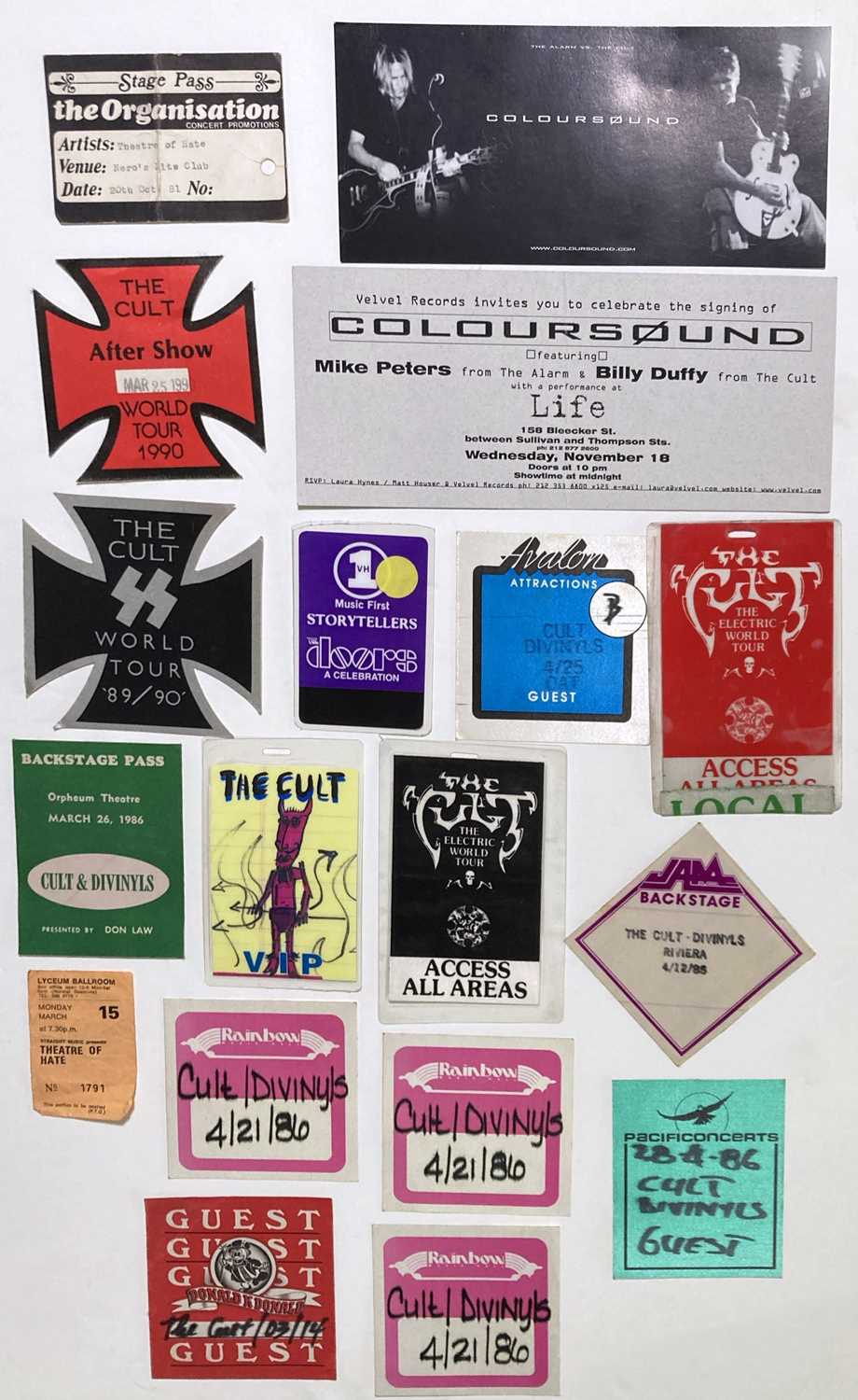 Lot 587 - BILLY DUFFY / THE CULT - STAGE PASSES/LAMINATES INC EARLY THEATRE OF HATE TICKET/PASS.