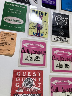 Lot 587 - BILLY DUFFY / THE CULT - STAGE PASSES/LAMINATES INC EARLY THEATRE OF HATE TICKET/PASS.