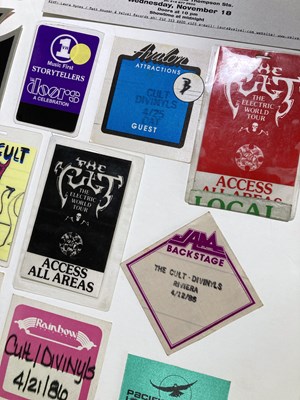 Lot 587 - BILLY DUFFY / THE CULT - STAGE PASSES/LAMINATES INC EARLY THEATRE OF HATE TICKET/PASS.