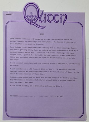 Lot 79 - PRESS KIT ARCHIVE - A QUEEN 1973 PRESS KIT.