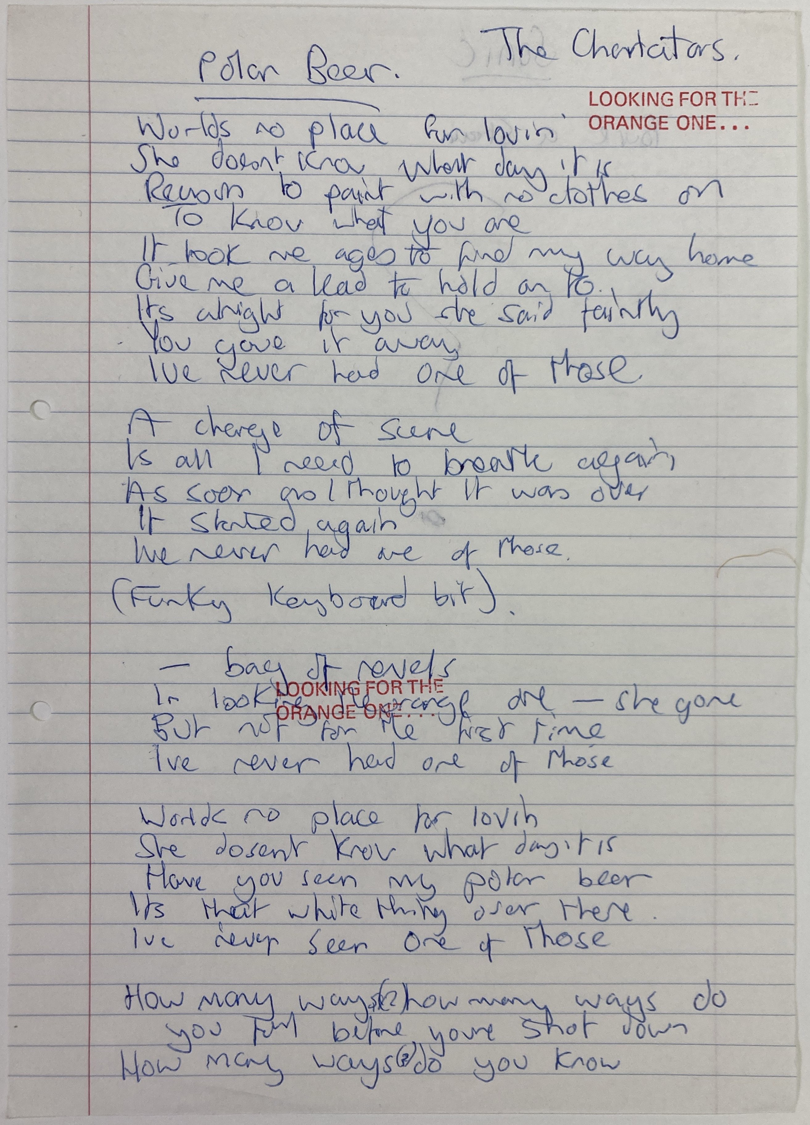 Lot 101 THE CHARLATANS HANDWRITTEN LYRICS FOR
