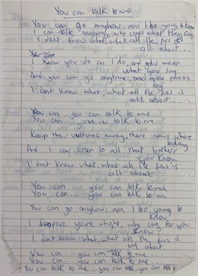 Lot 102 - THE CHARLATANS - HANDWRITTEN LYRICS FOR YOU CAN TALK TO ME.