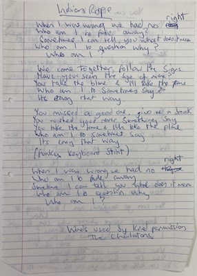 Lot 102 - THE CHARLATANS - HANDWRITTEN LYRICS FOR YOU CAN TALK TO ME.