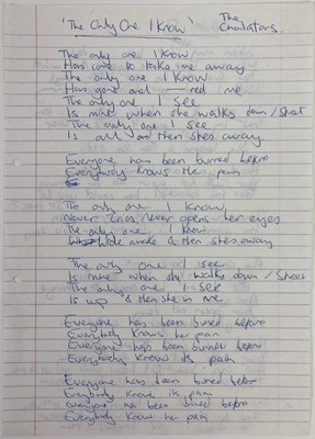 Lot 103 - THE CHARLATANS - HANDWRITTEN LYRICS FOR THE ONLY ONE I KNOW/WHITE SHIRT.