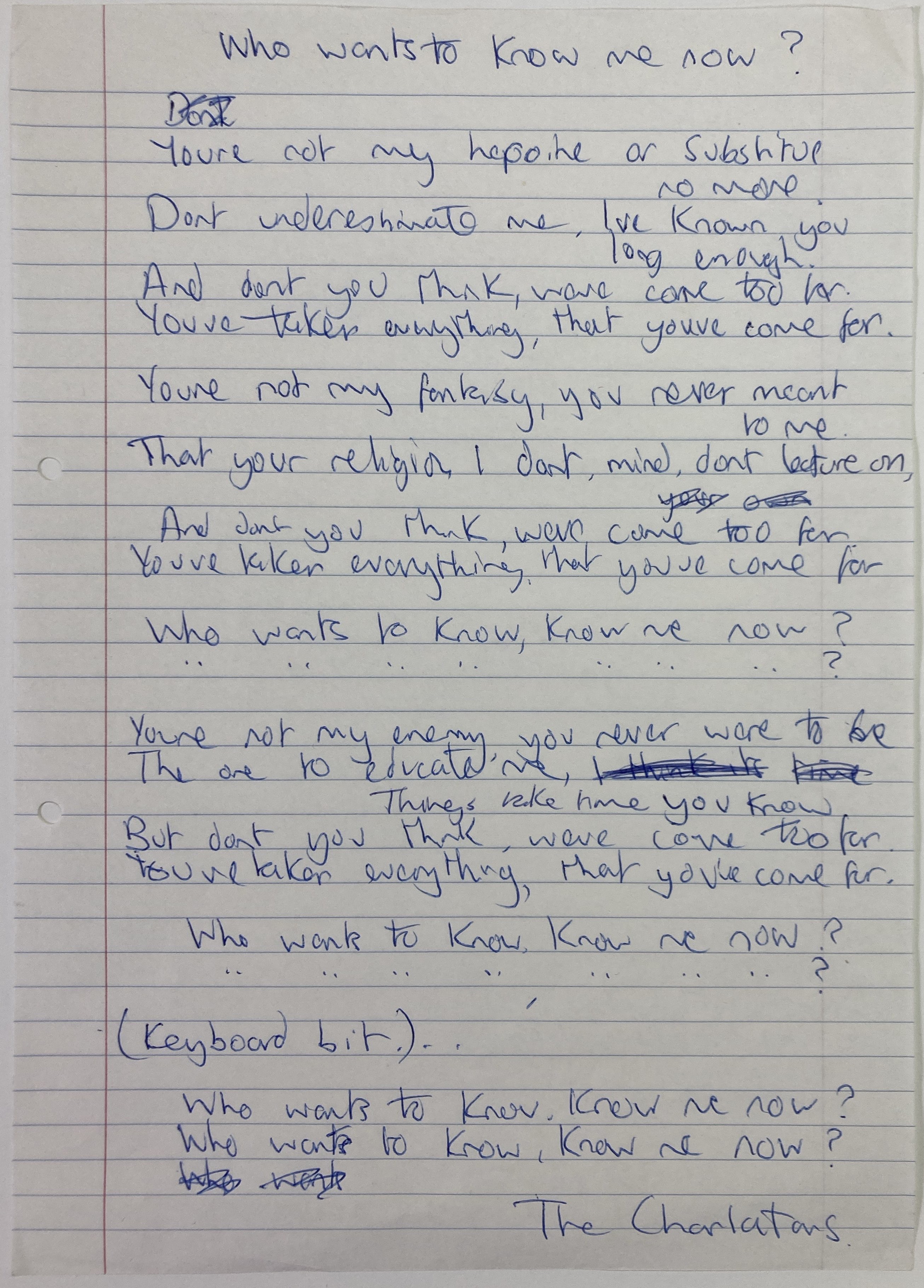 Lot 104 THE CHARLATANS HANDWRITTEN LYRICS FOR WHO