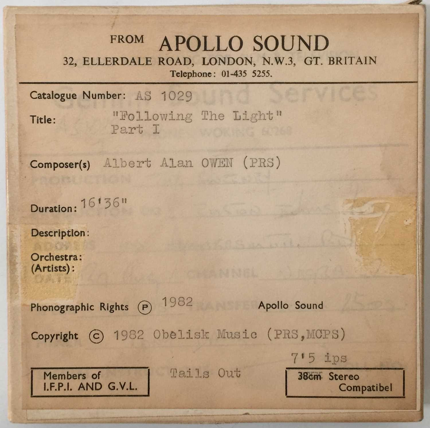 Lot 1193 - ALBERT ALAN OWEN - FOLLOWING THE LIGHT - REEL-TO-REEL TAPE (AS 1029)