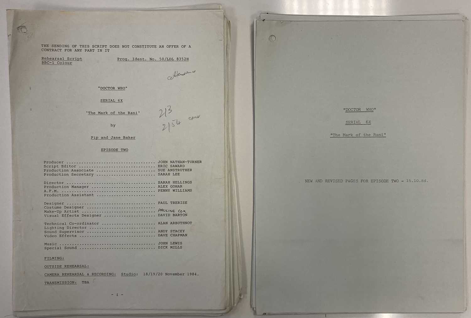 Lot 133 - DOCTOR WHO MARK OF THE RANI PART TWO ORIGINAL SCRIPT