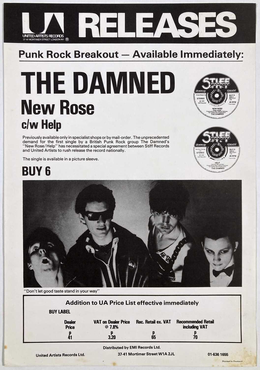 Lot 426 - THE DAMNED - ORIGINAL DEALER RELEASE SHEET FOR 'NEW ROSE'.