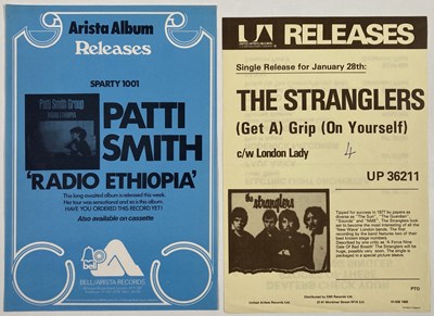 Lot 427 - PATTI SMITH / THE STRANGLERS - ORIGINAL DEALER RELEASE SHEETS.