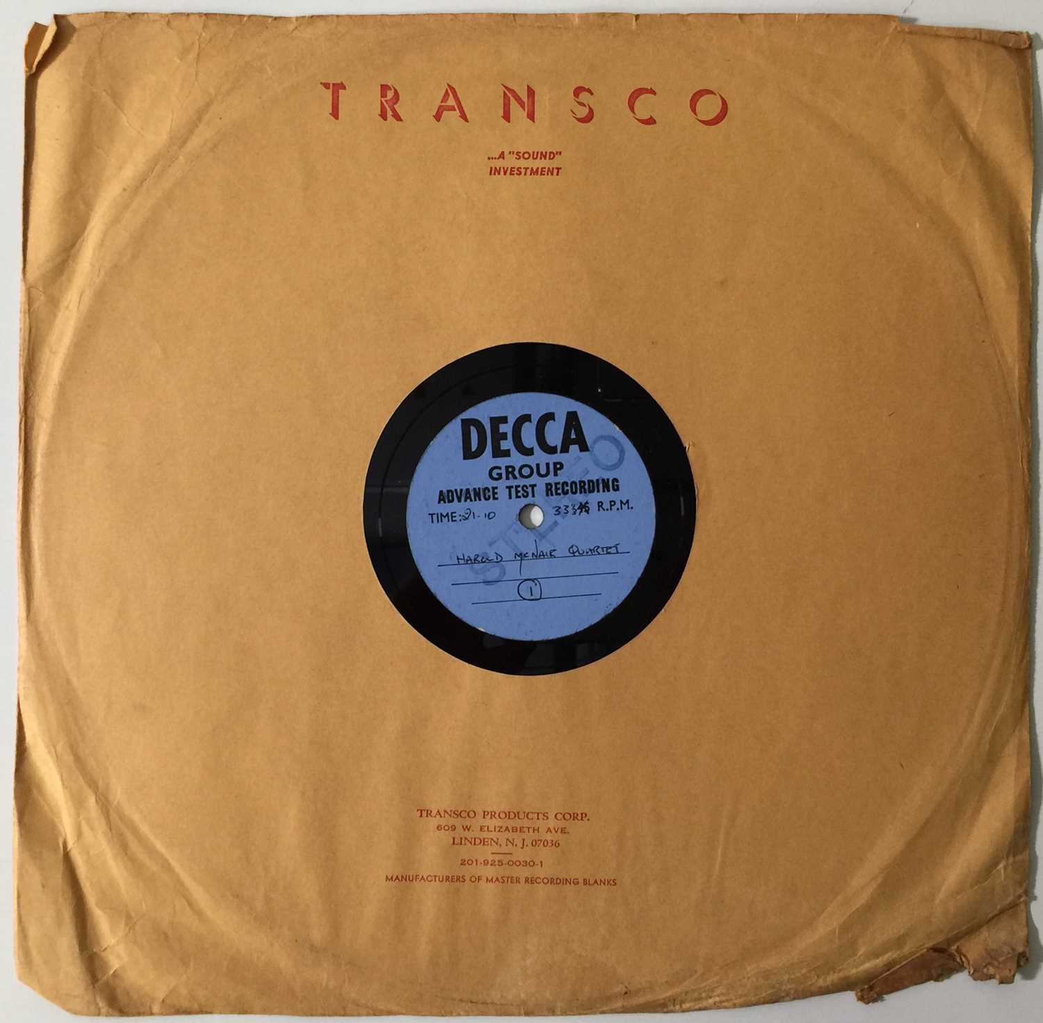 Lot 155 - HAROLD MCNAIR QUARTET - HAROLD MCNAIR LP - ORIGINAL UK DECCA ACETATE RECORDING