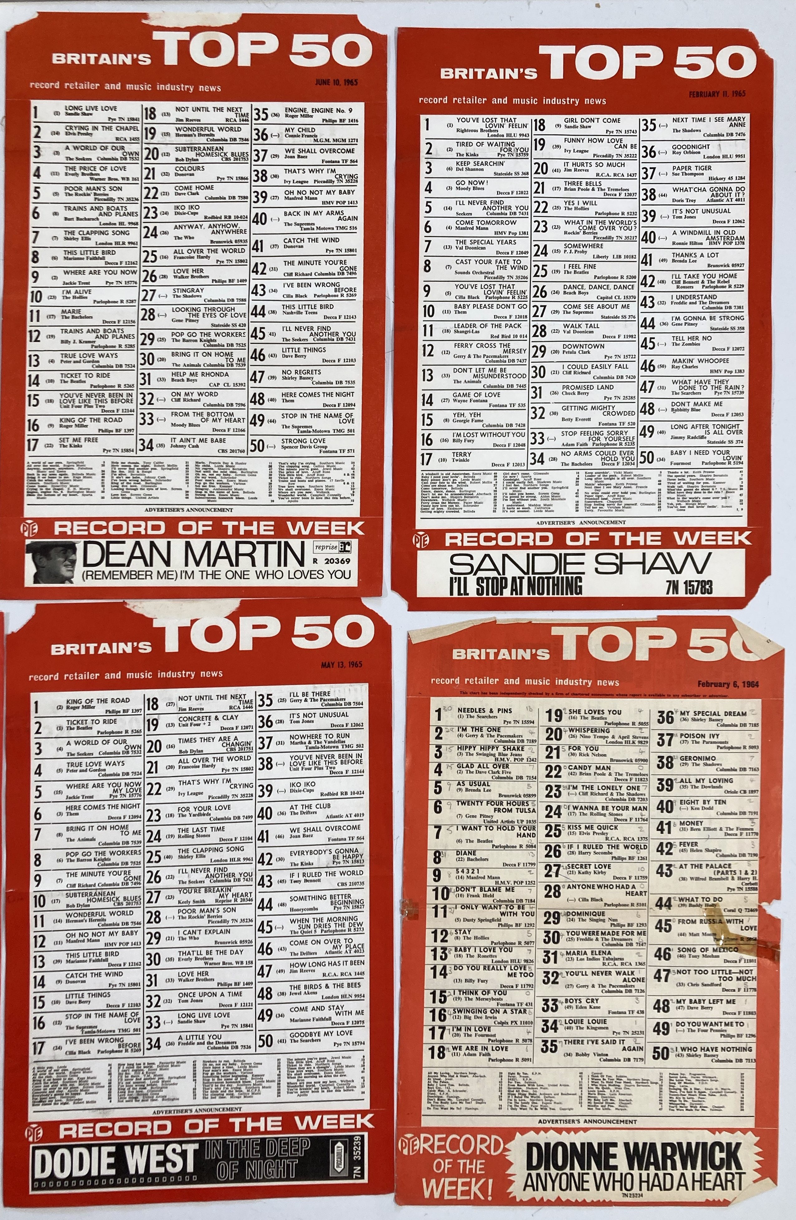 Lot 44 - ORIGINAL 1960s RECORD CHART POSTERS INC