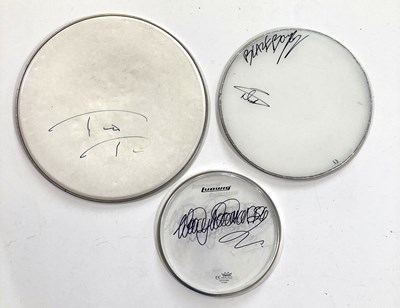 Lot 270 - LEGENDARY DRUMMERS - SIGNED DRUM SKINS - WOODY WOODMANSEY / NICKO MCBRAIN / TICO TORRES.