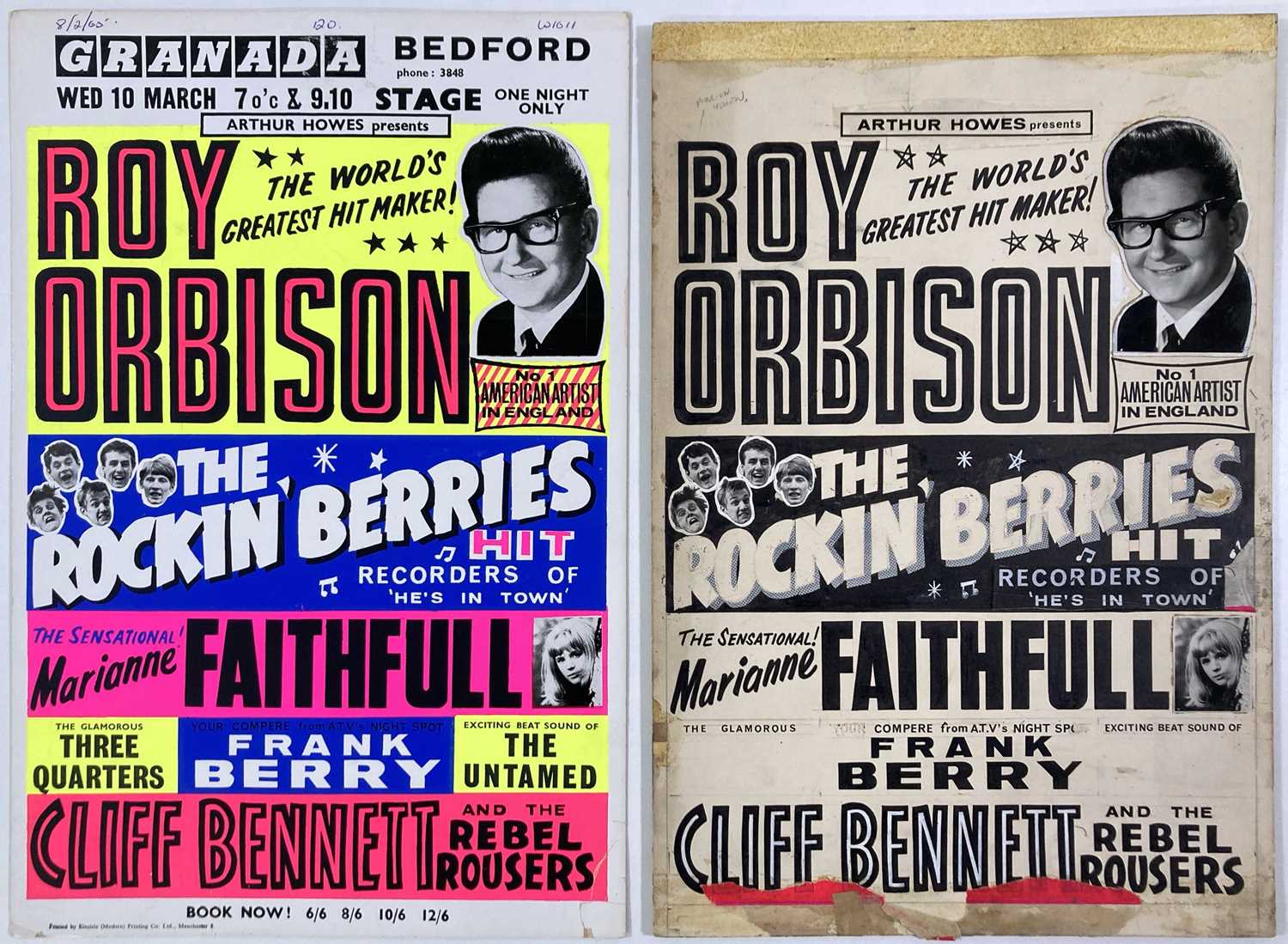 Lot 198 - ROY ORBISON, MARIANNE FAITHFULL - 1965 CONCERT POSTER AND DESIGN BOARD.