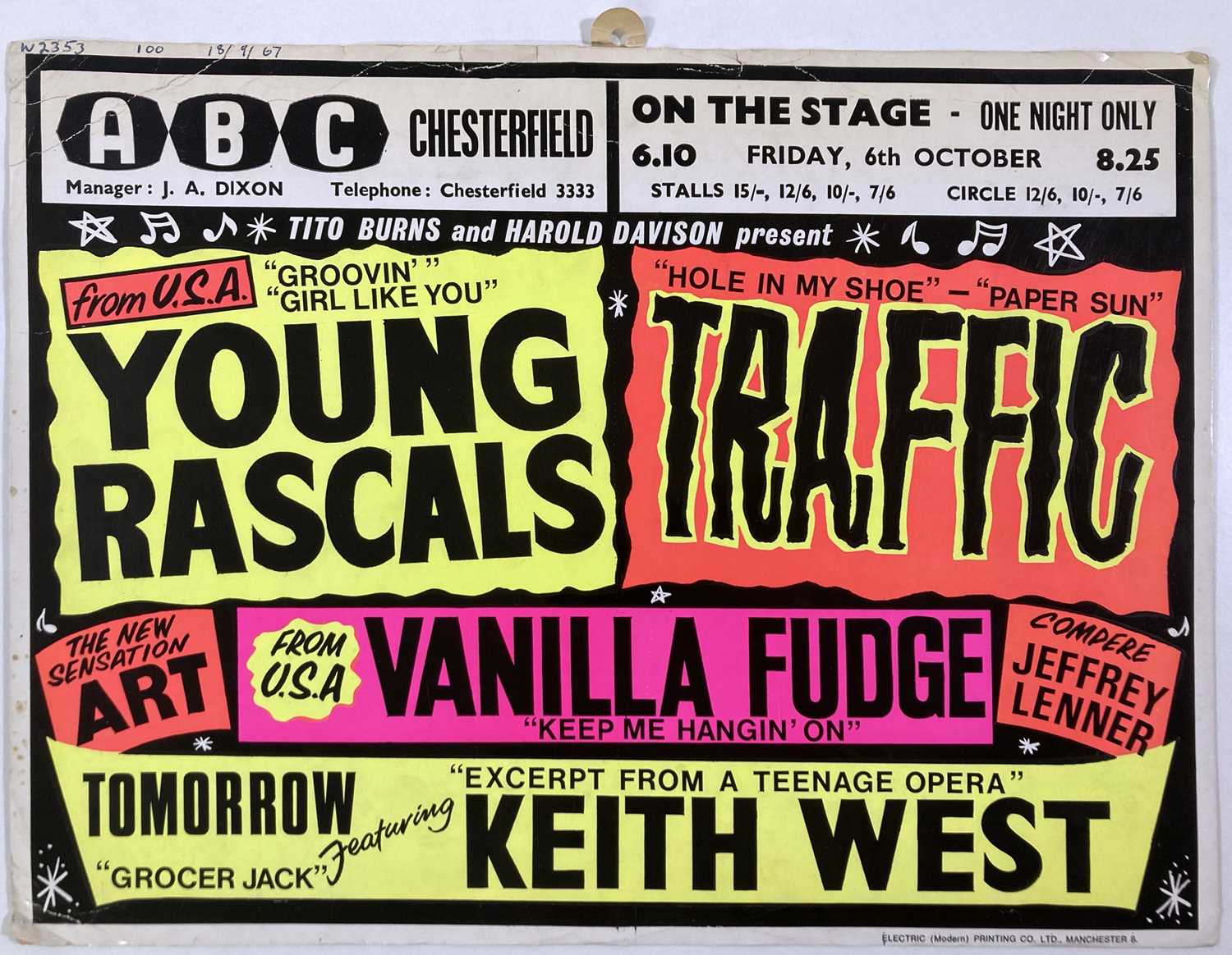 Lot 202 - YOUNG RASCALS / TRAFFIC / VANILLA FUDGE ORIGINAL 1967 CONCERT POSTER.