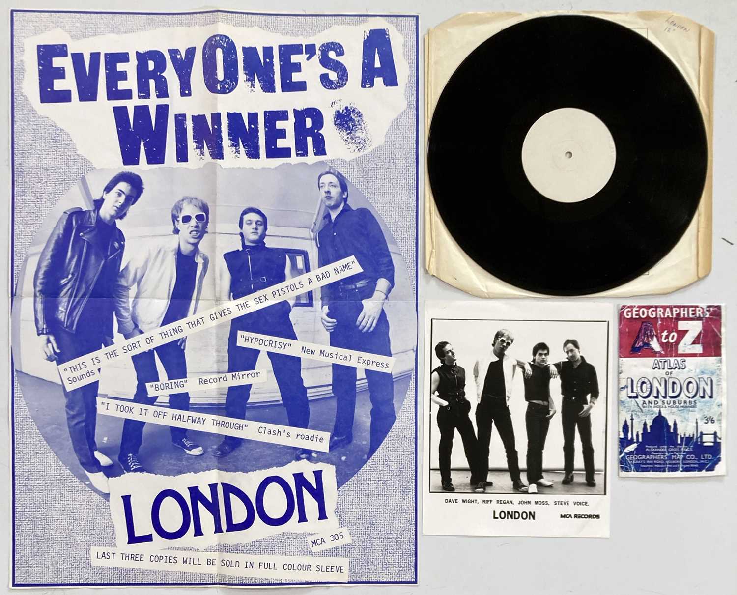 Lot 441 - PUNK MEMORABILIA - LONDON - ORIGINAL PRESS KIT, WHITE LABEL AND POSTER.