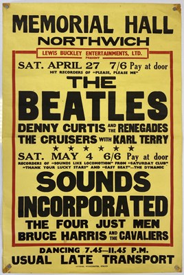 Lot 241 - THE BEATLES - A RARE ORIGINAL CONCERT POSTER FOR THE MEMORIAL HALL, NORTHWICH, 1963.