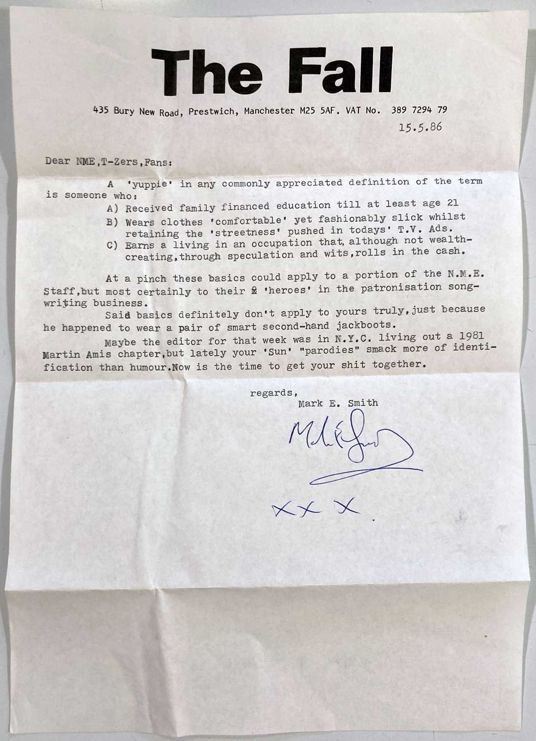 Lot 372 - MARK E. SMITH / THE FALL - MES SIGNED LETTER TO THE NME.