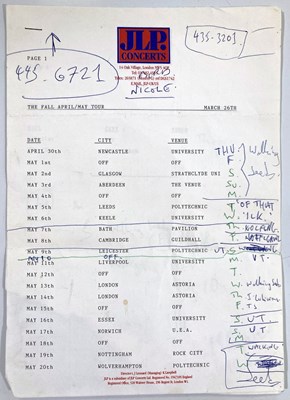 Lot 380 - THE FALL - AN ANNOTATED TOUR DATES SHEET BY MARK E SMITH.