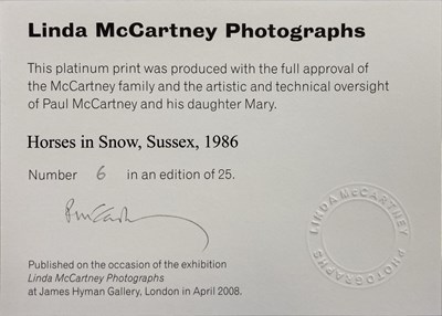 Lot 216 - LINDA MCCARTNEY - LIMITED EDITION PRINT WITH CERTIFICATE SIGNED BY PAUL MCCARTNEY - HORSES IN SNOW.