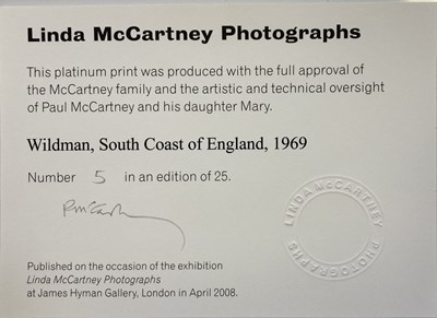 Lot 218 - LINDA MCCARTNEY - LIMITED EDITION PRINT WITH CERTIFICATE SIGNED BY PAUL MCCARTNEY, WILDMAN, SOUTH COAST OF ENGLAND, 1969.