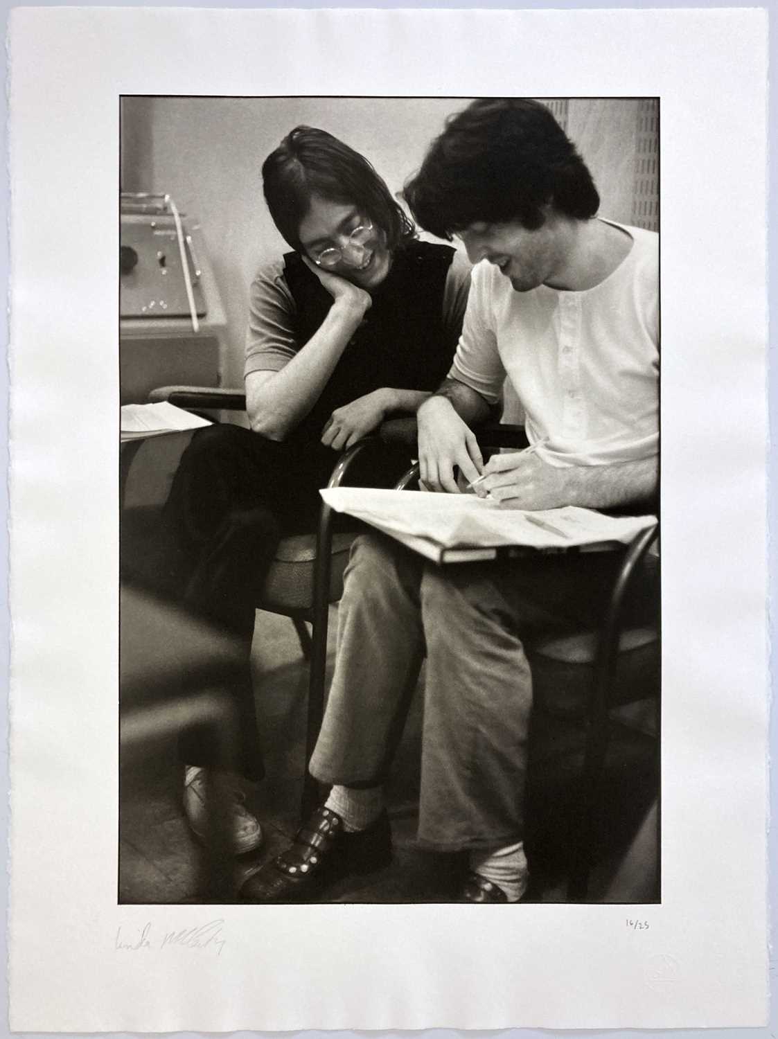 Lot 221 - LINDA MCCARTNEY - LIMITED EDITION PRINT WITH CERTIFICATE SIGNED BY PAUL MCCARTNEY, JOHN AND PAUL RECORDING, ABBEY ROAD, 1969.