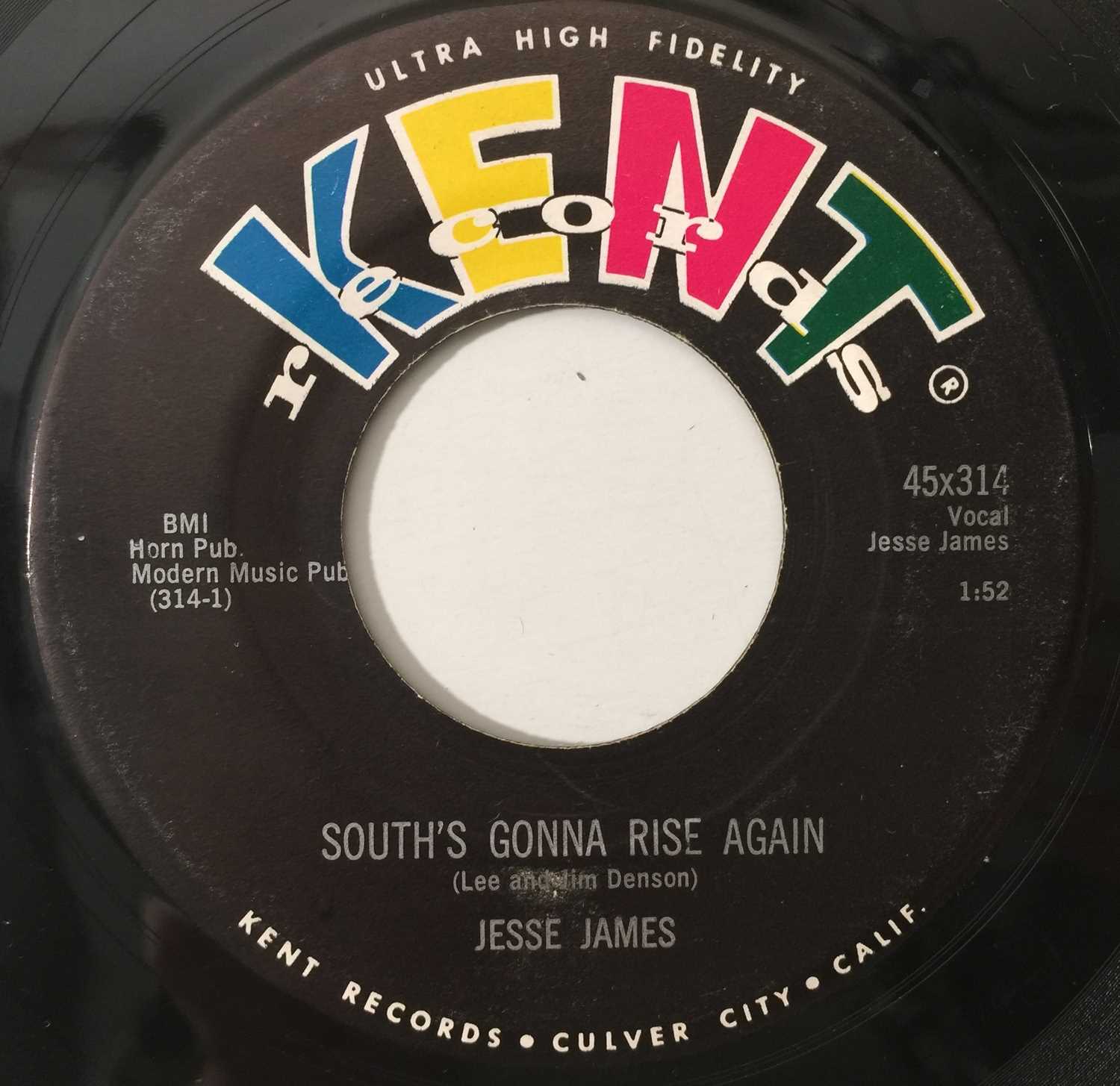 Lot 156 - JESSE JAMES - SOUTH'S GONNA RISE AGAIN/ RED HOT ROCKIN BLUES 7" (ROCKABILLY - KENT 45x314)