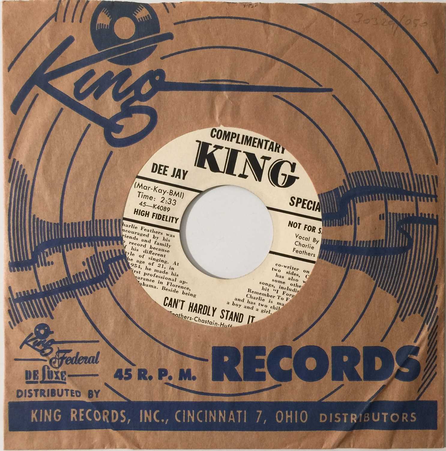 Lot 187 - CHARLIE FEATHERS - EVERYBODY'S LOVIN' MY BABY 7" (US PROMO - ROCKABILLY - KING 4971)