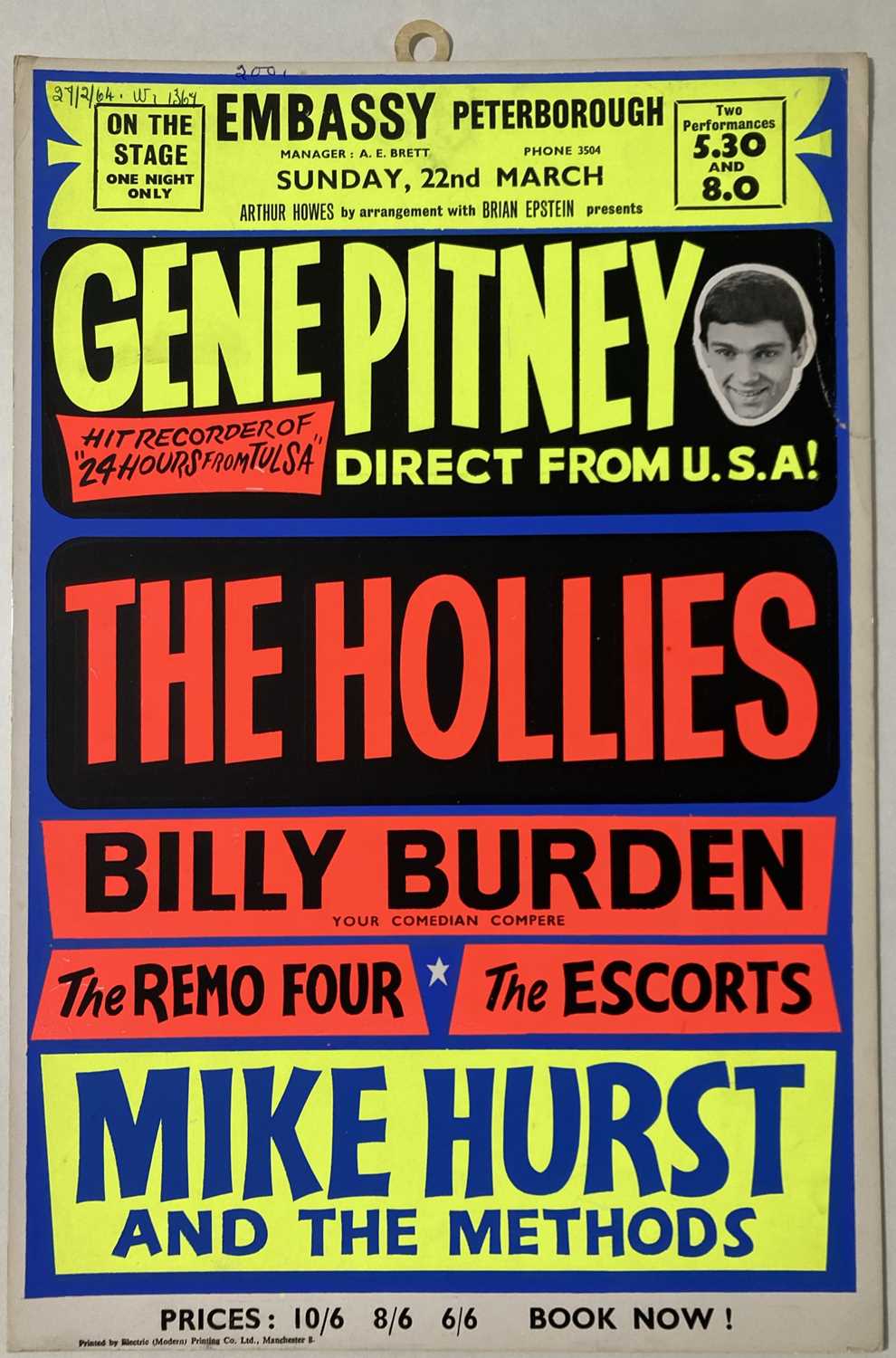 Lot 185 - GENE PITNEY / THE HOLLIES - ORIGINAL 1964 CONCERT POSTER.