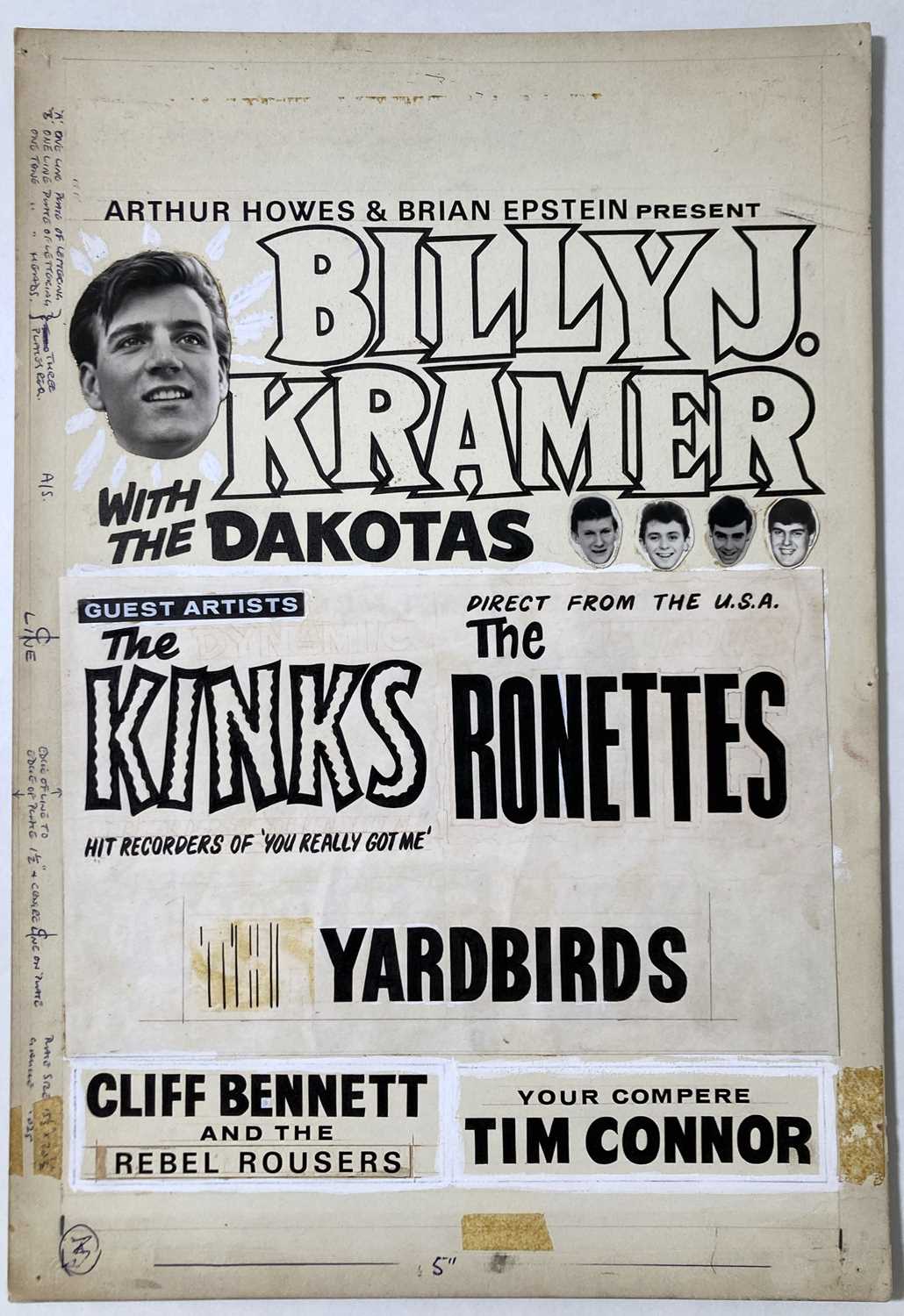 Lot 191 - THE KINKS / RONETTES / YARDBIRDS - ORIGINAL DESIGN BOARD FOR 1964 POSTER.