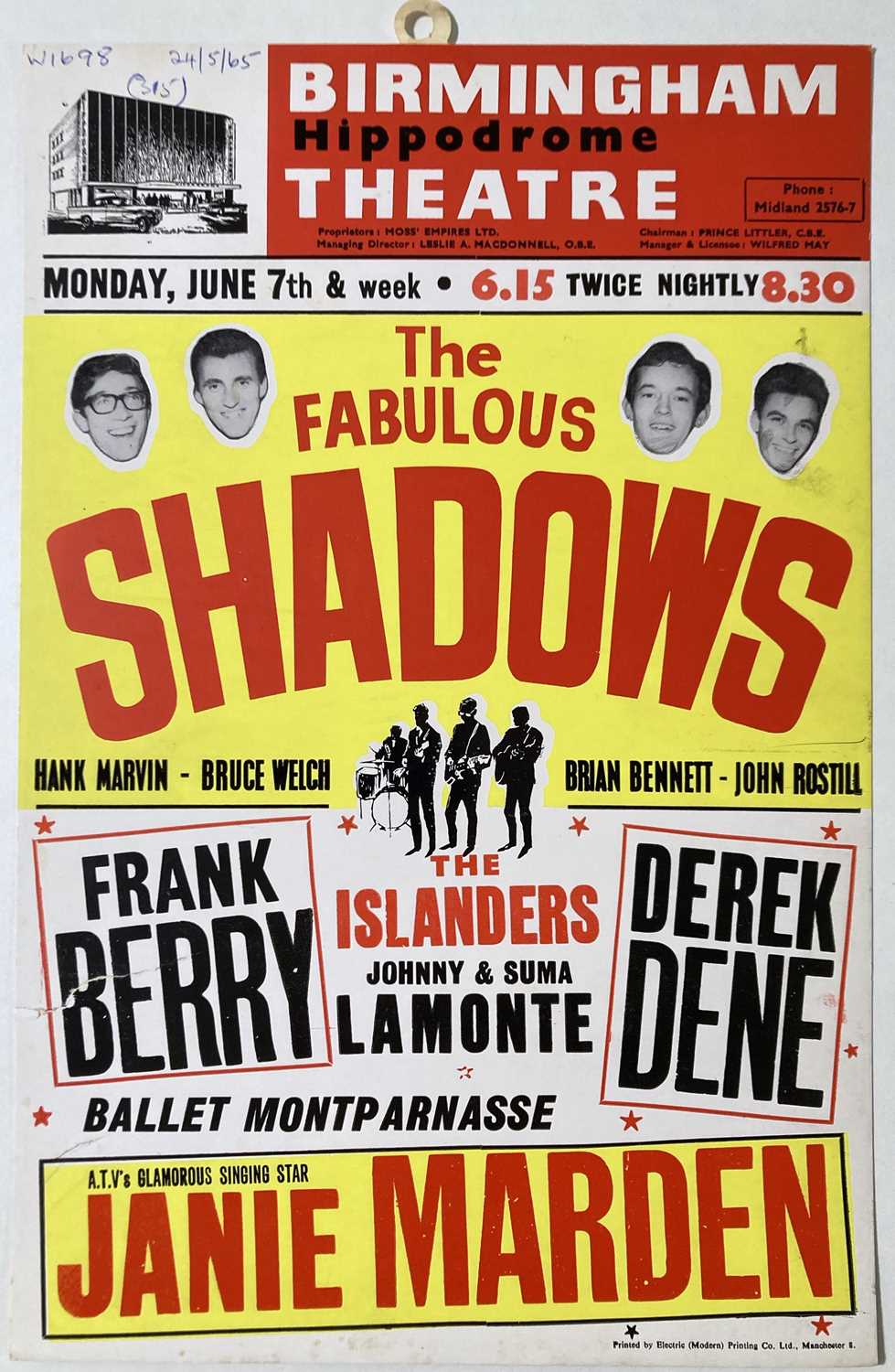 Lot 193 - THE SHADOWS - ORIGINAL 1965 CONCERT POSTER.