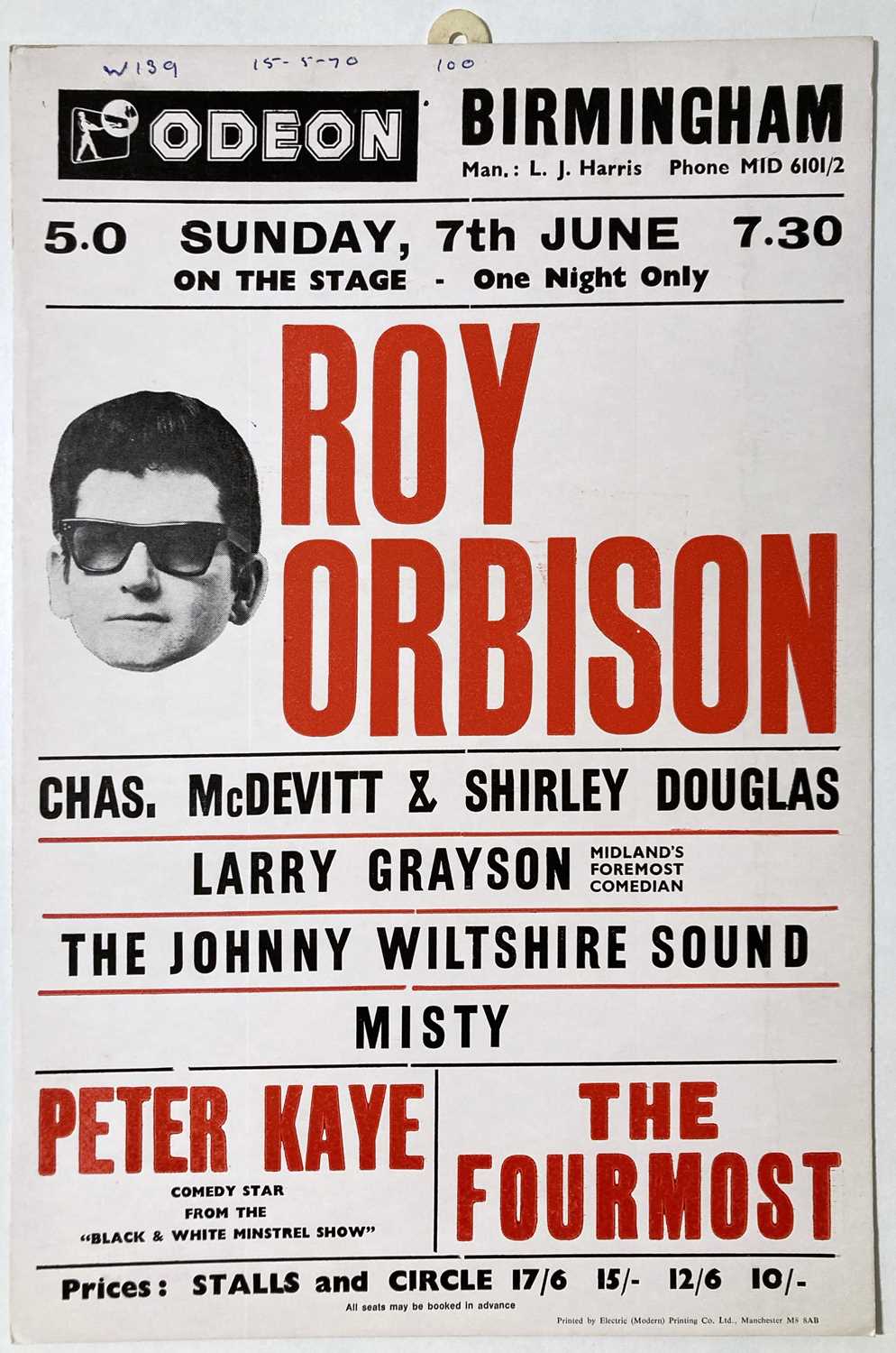 Lot 194 - ROY ORBISON / FOURMOST- ORIGINAL 1970 CONCERT POSTER.