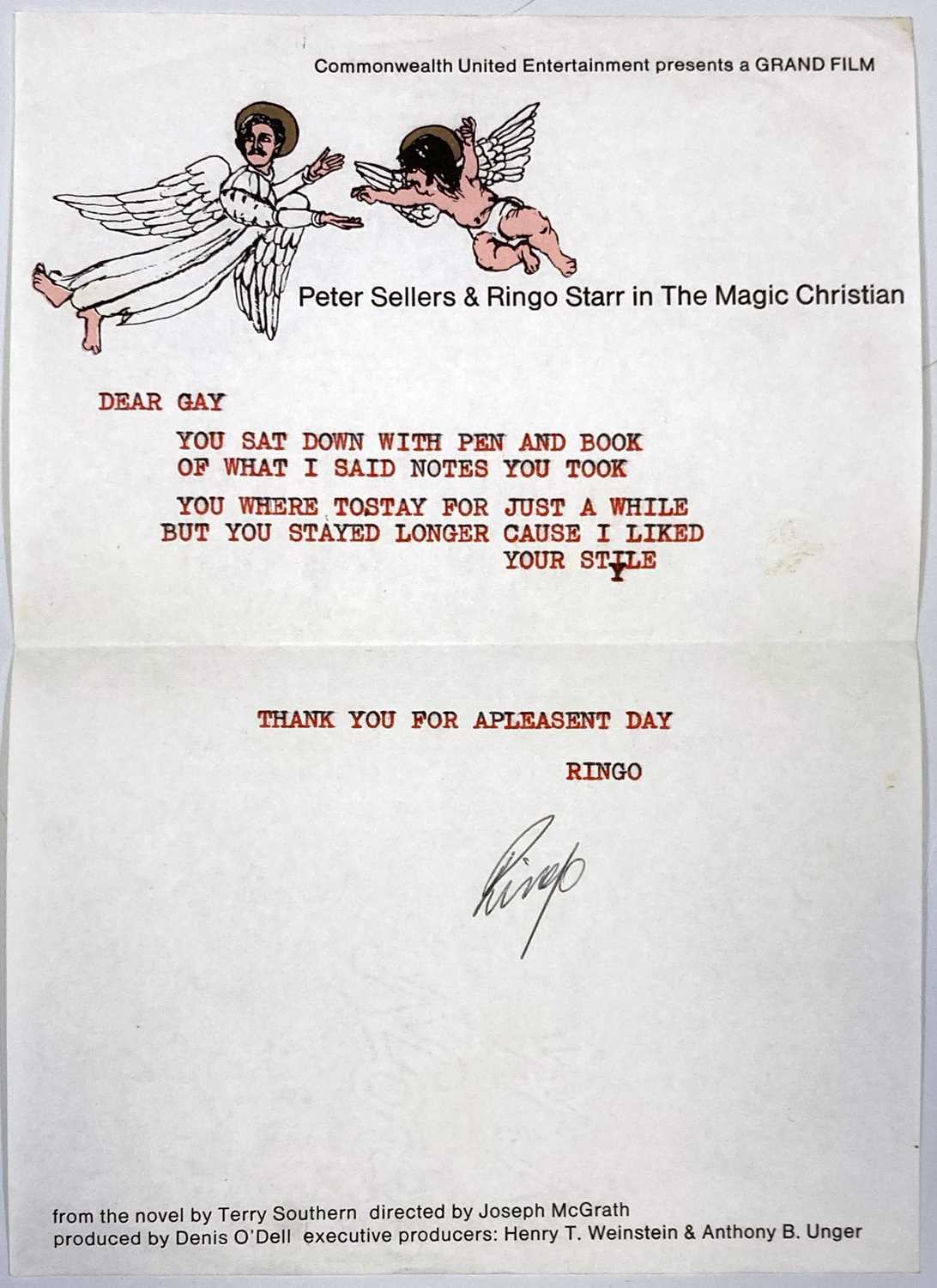 Lot 251 - THE BEATLES / RINGO STARR - AN ORIGINAL POEM BY RINGO STARR - WITH SIGNATURE.