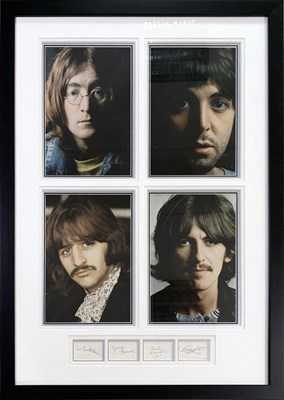 Lot 252 - THE BEATLES - A FULL SET OF AUTOGRAPHS IN A FRAMED DISPLAY.