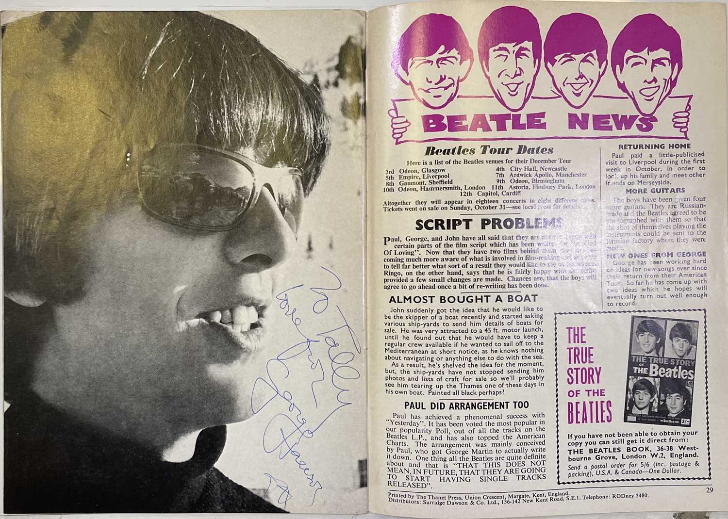 Lot 254 - GEORGE HARRISON - A SIGNED BEATLES MONTHLY BOOK.