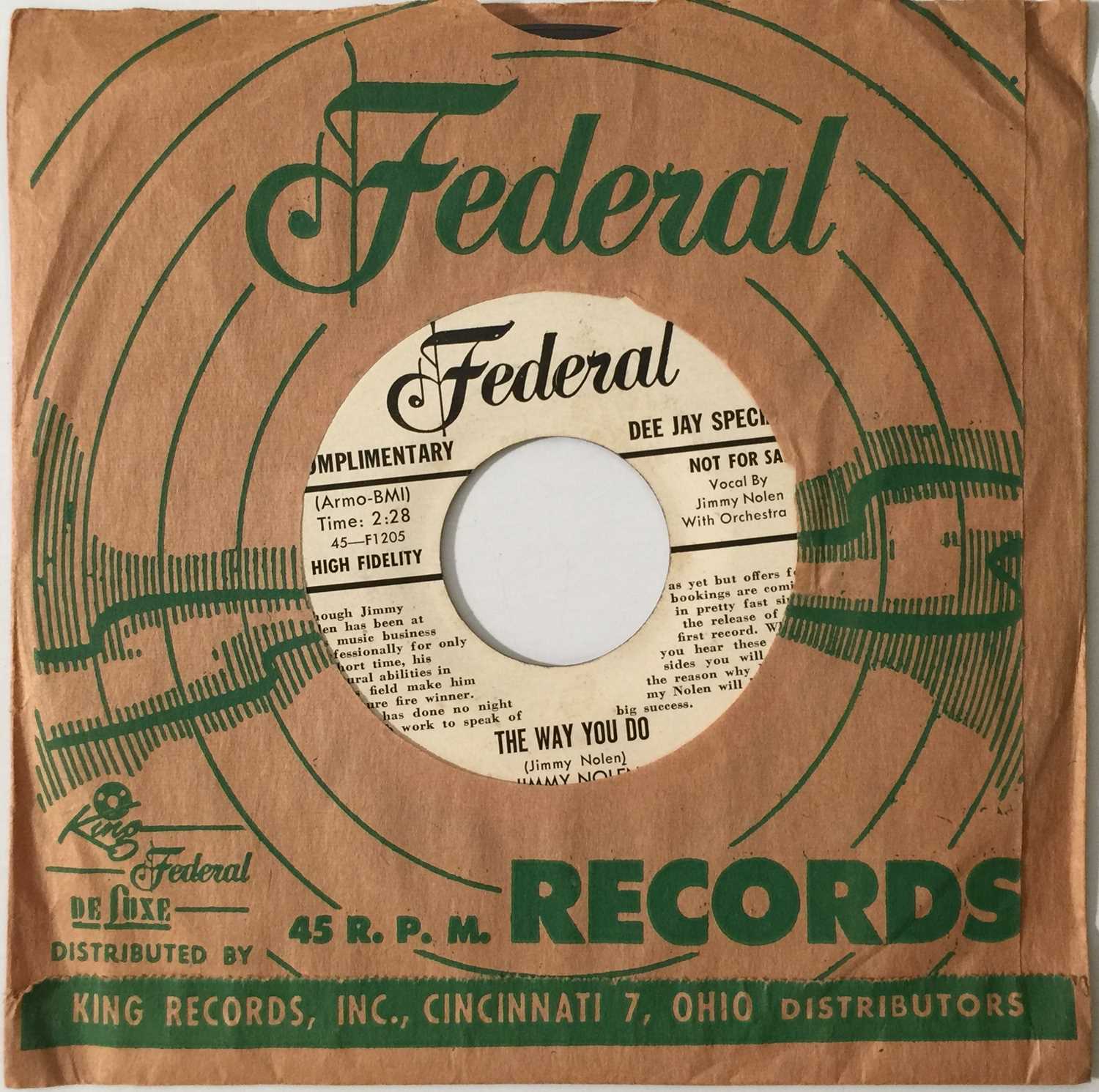 Lot 328 - JIMMY NOLEN - THE WAY YOU DO/ MOVIN' ON DOWN THE LINE 7" (US PROMO - FEDERAL 12274)