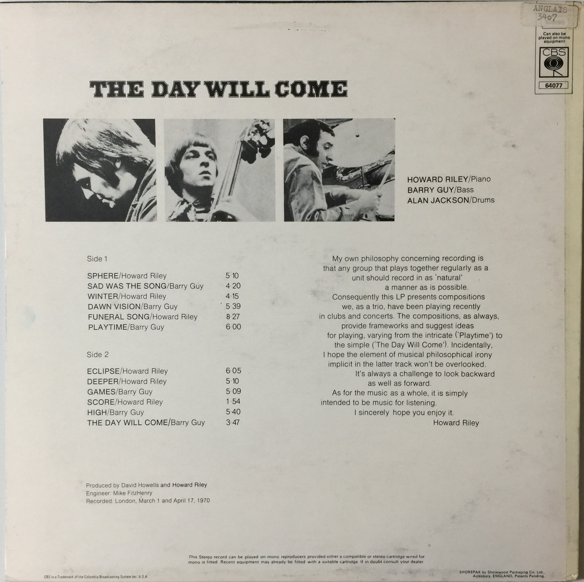 Lot 153 - HOWARD RILEY TRIO - THE DAY WILL COME LP
