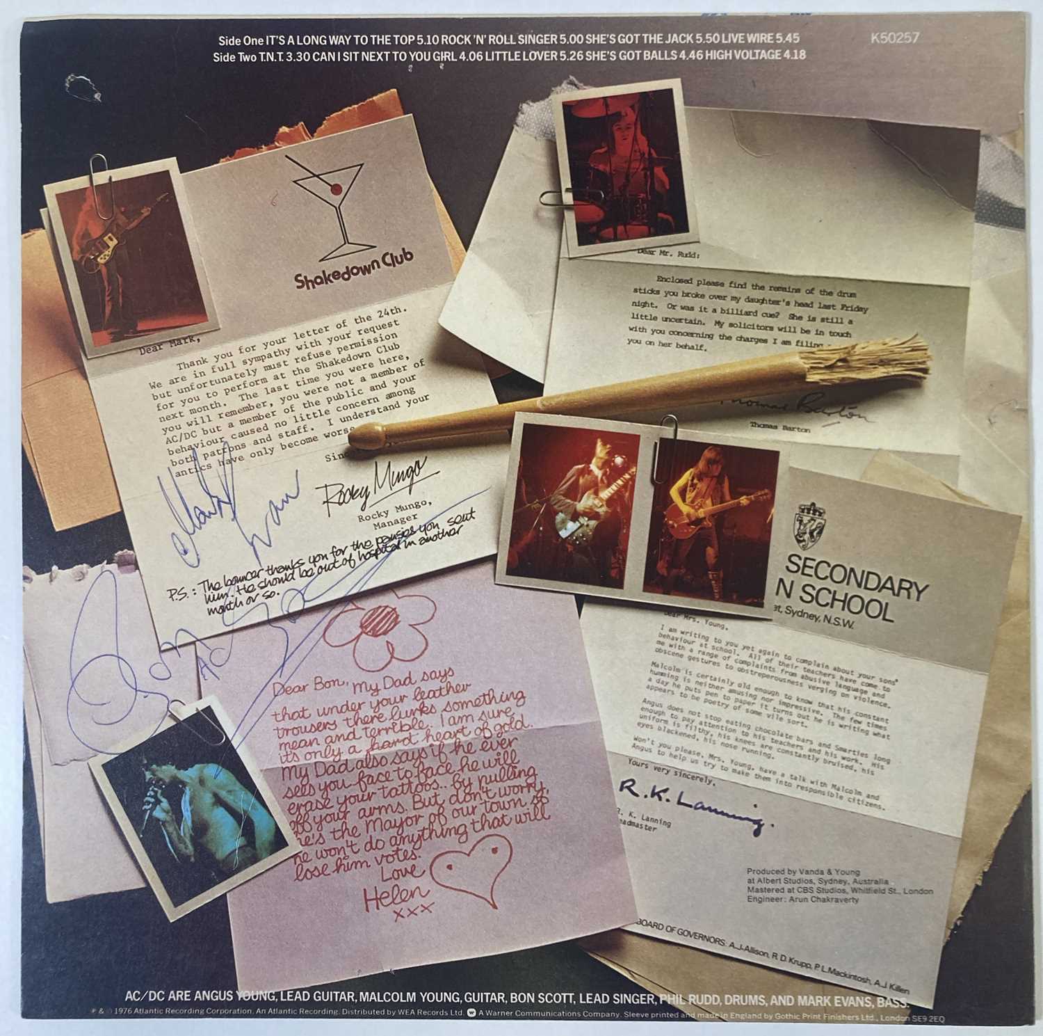 Lot 303 - AC/DC - A SLEEVE SIGNED BY BON SCOTT AND
